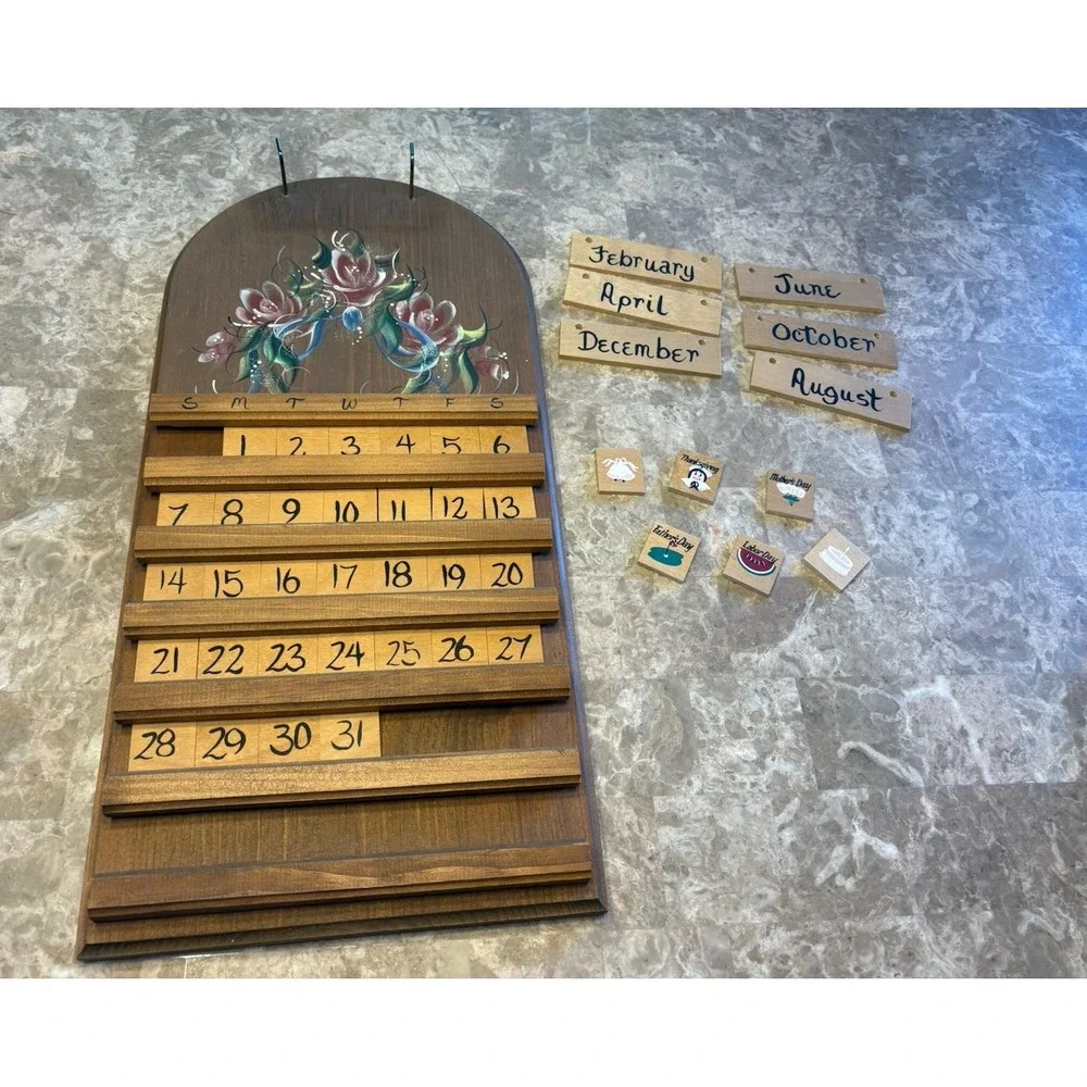 Vintage Wooden Perpetual Calendar Wall Hanging Holiday Tiles Country Flowers